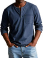 V-neck Long-sleeved T-shirt With Button Design Fashion Casual Solid Color Pullover Top Men's Clothing