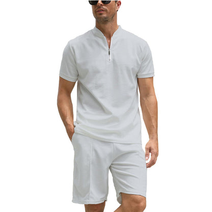 Men's Solid Color Polo Shirt Suit Short Sleeve Two-piece Set