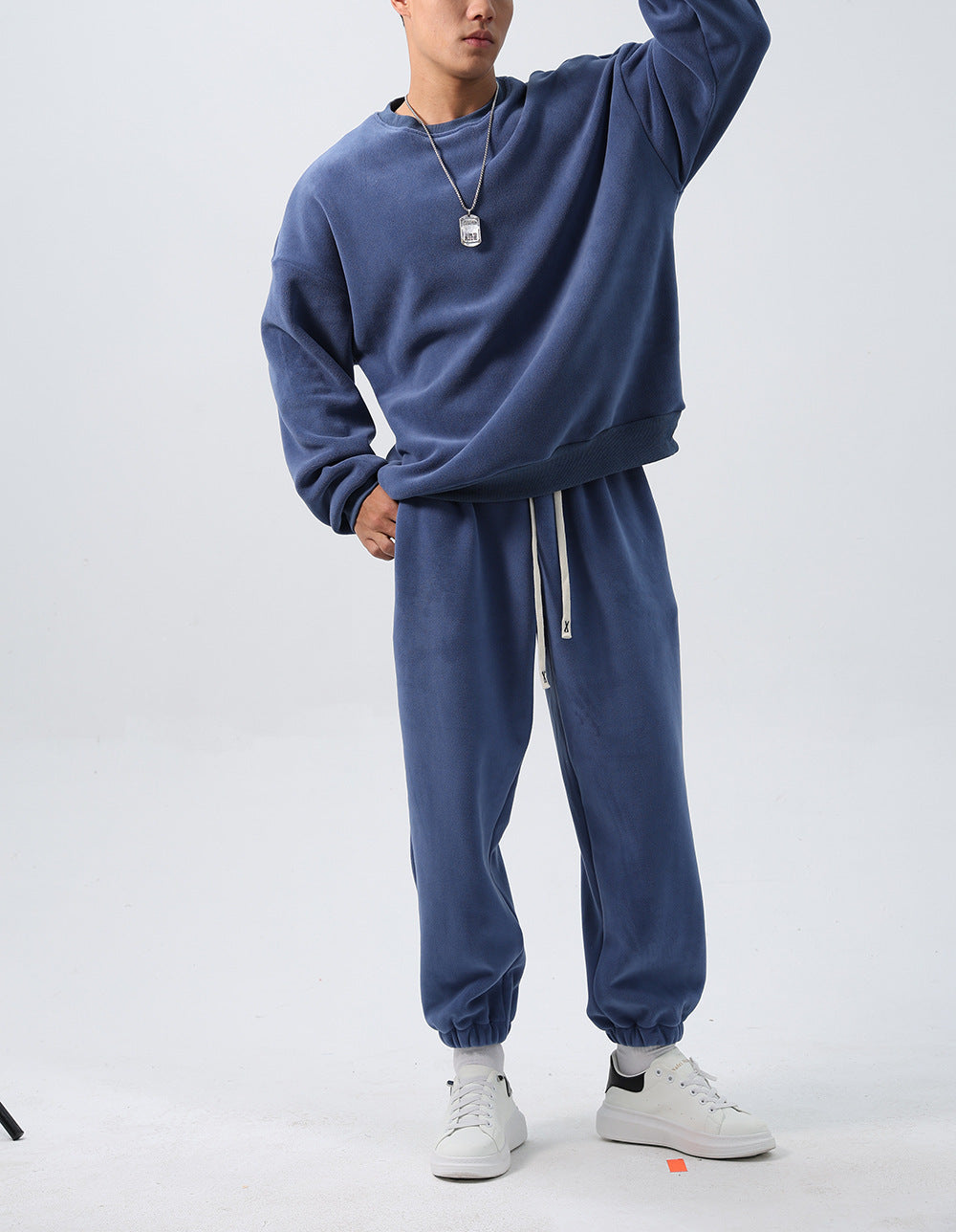 Sports Suit Men's Loose Long Sleeve Crew Neck Coat Padded Fleece Trousers Double-sided Shake