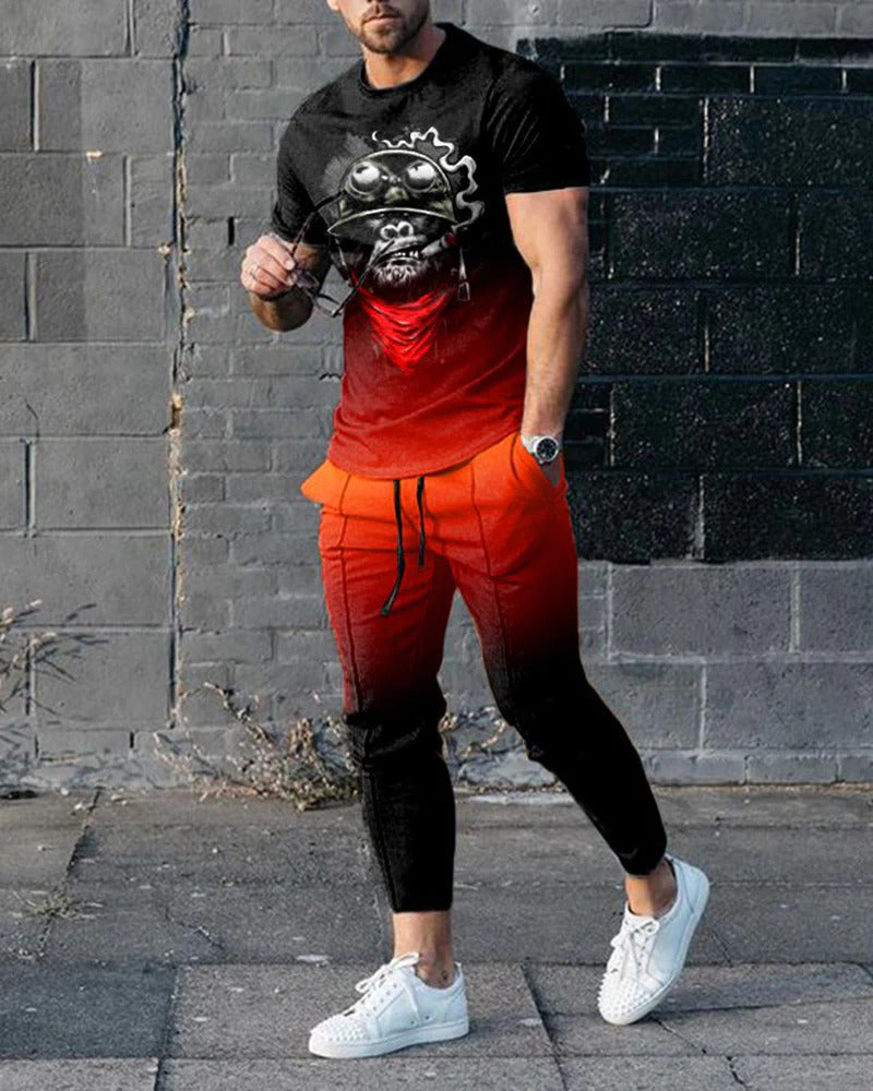 Short-sleeved Men's Cotton-like Fashionable Printed Thin Round Neck Pullover Men's Suit