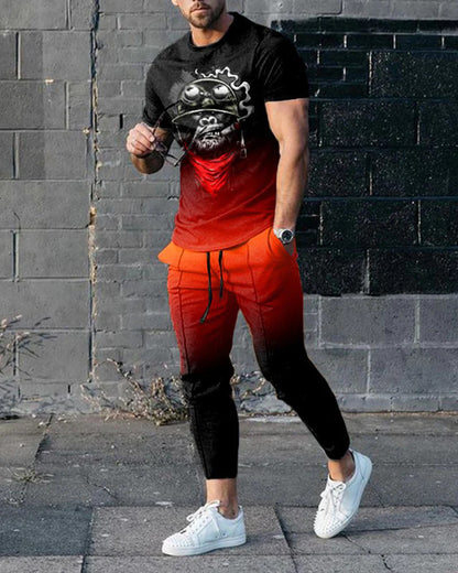 Short-sleeved Men's Cotton-like Fashionable Printed Thin Round Neck Pullover Men's Suit