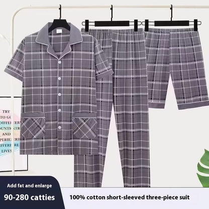 Three-piece Pajamas Men's Summer Pure Cotton Short Sleeve Trousers Suit