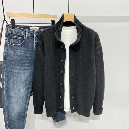 Stand Collar Cardigan Sweater Men Loose Casual Jacket