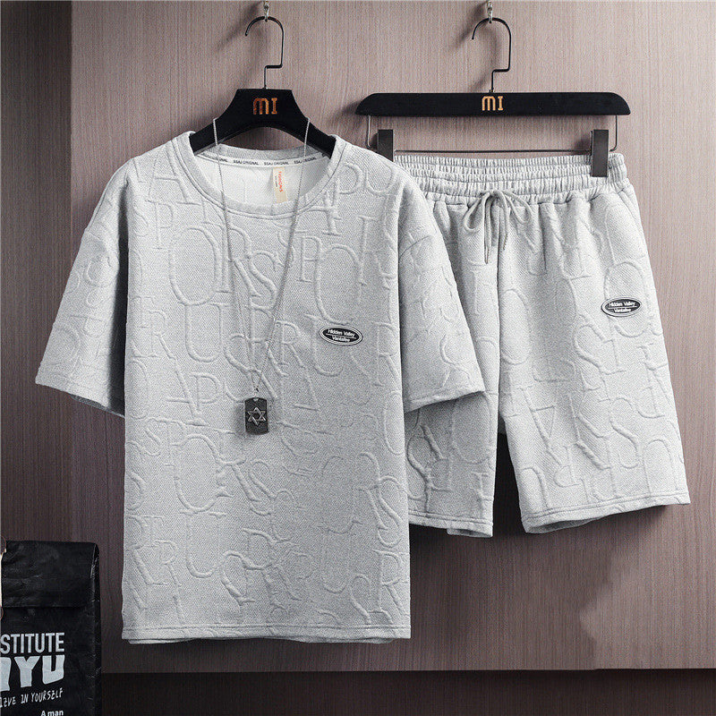 Men's Trendy Solid Color Casual T-shirt Lace-up Five-point Pants Suit