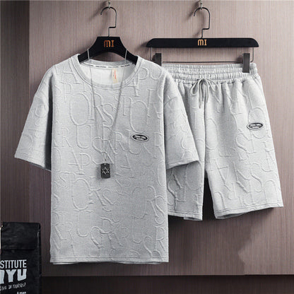 Men's Trendy Solid Color Casual T-shirt Lace-up Five-point Pants Suit