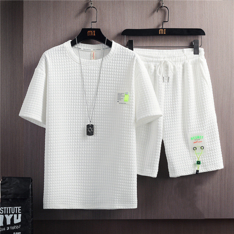 Men's Trendy Solid Color Casual T-shirt Lace-up Five-point Pants Suit