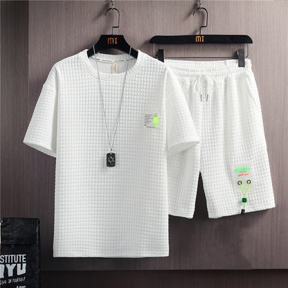 Men's Trendy Solid Color Casual T-shirt Lace-up Five-point Pants Suit