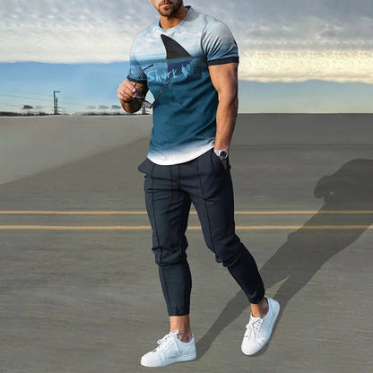 Short-sleeved Men's Cotton-like Fashionable Printed Thin Round Neck Pullover Men's Suit
