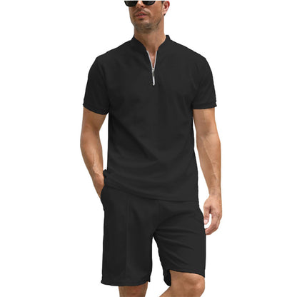 Men's Solid Color Polo Shirt Suit Short Sleeve Two-piece Set