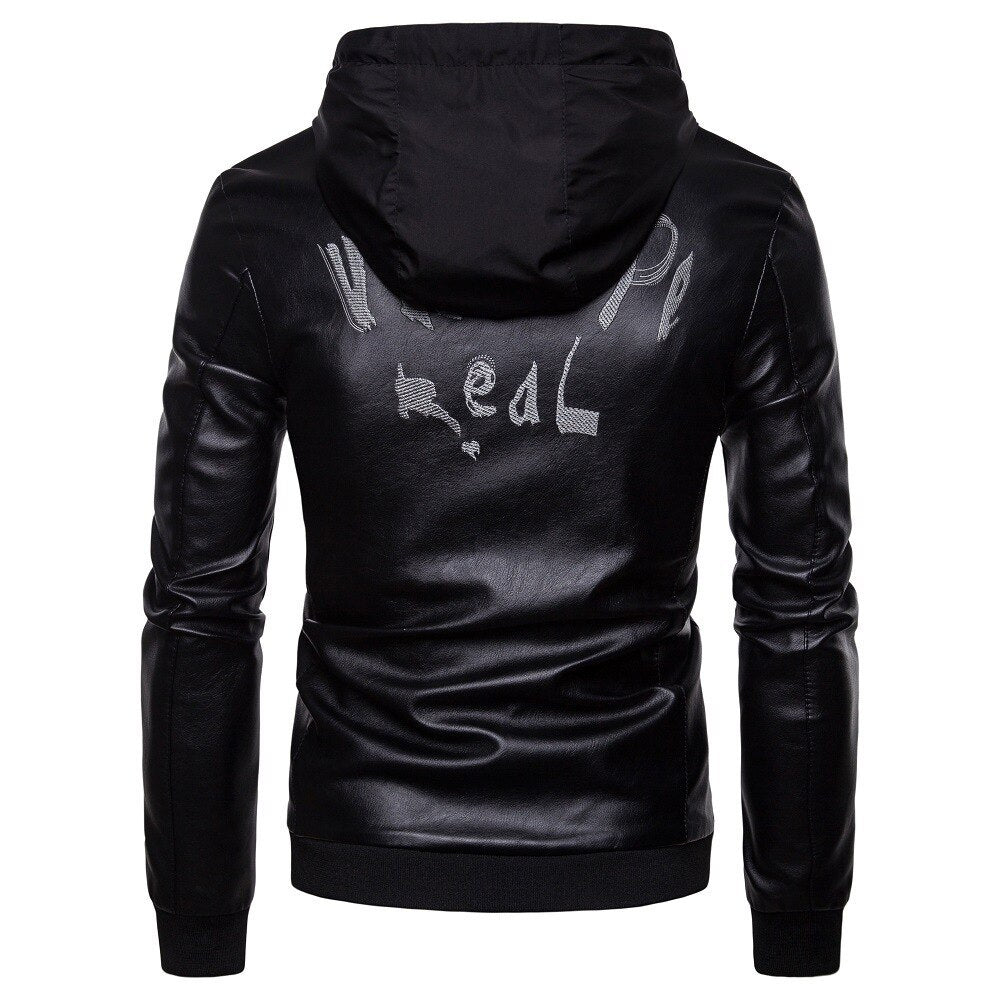 Men's British fashion hooded leather coat