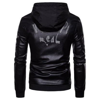 Men's British fashion hooded leather coat