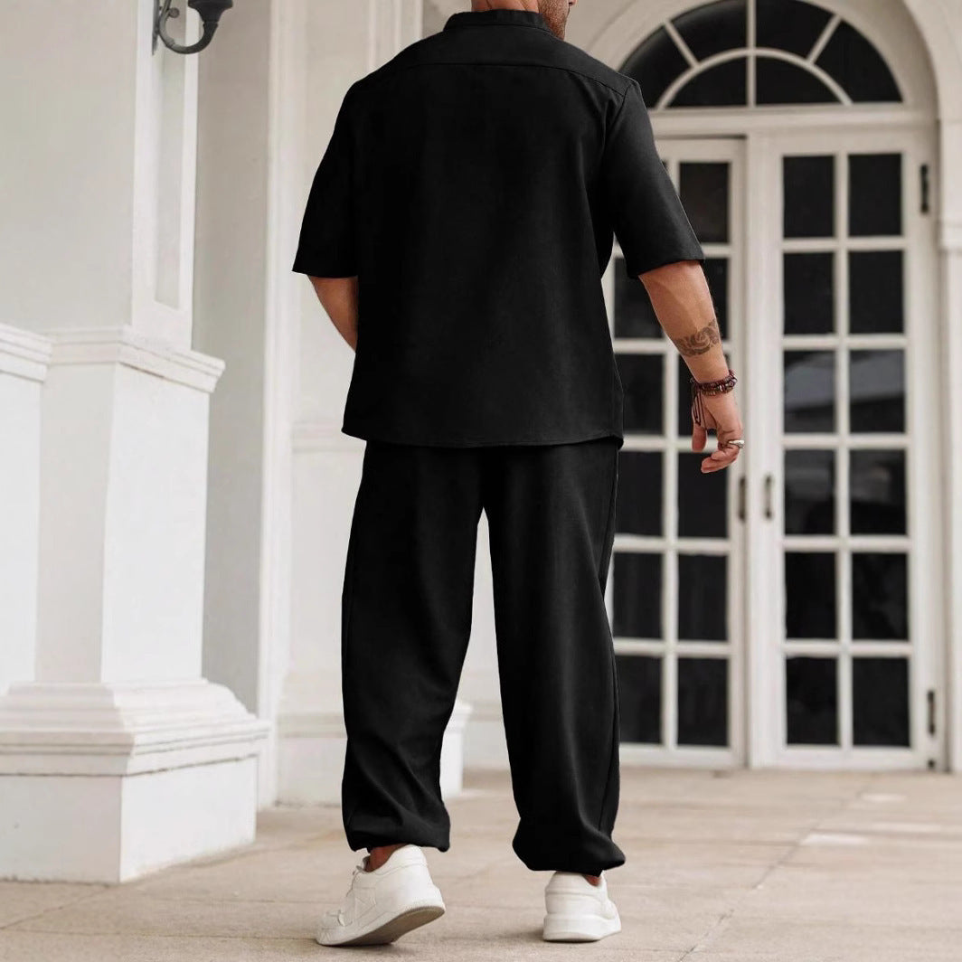 Men's Commuter Cotton And Linen Casual Button Short-sleeved Trousers