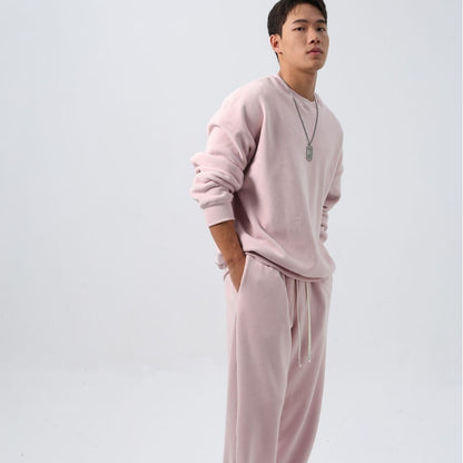 Sports Suit Men's Loose Long Sleeve Crew Neck Coat Padded Fleece Trousers Double-sided Shake