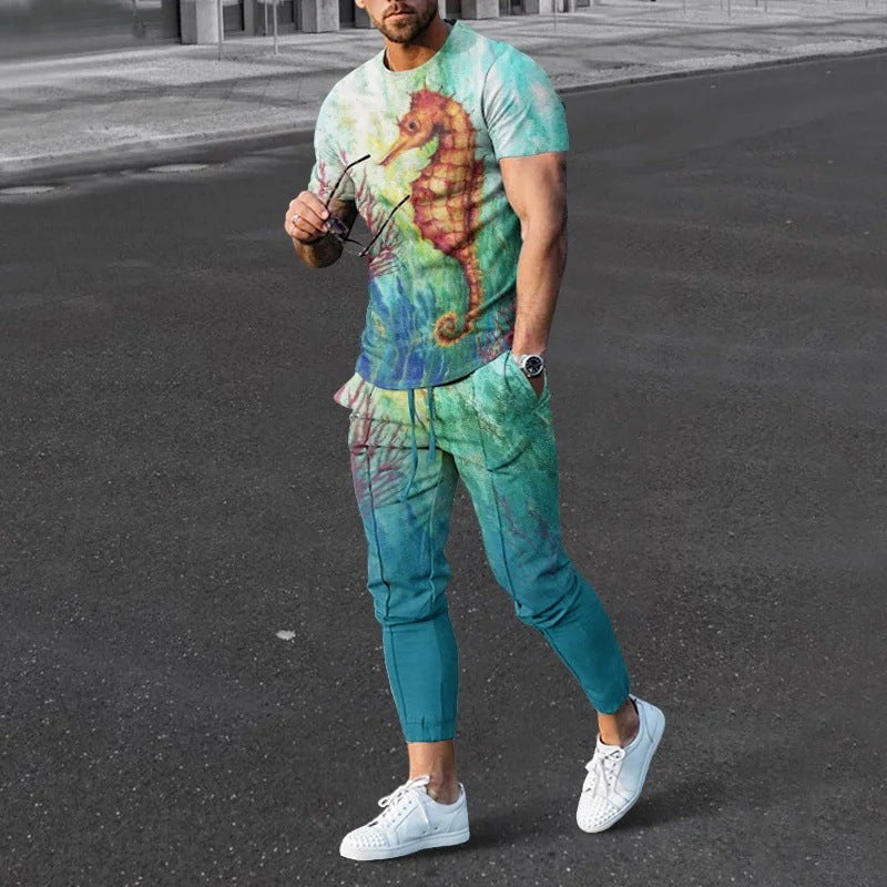 Short-sleeved Men's Cotton-like Fashionable Printed Thin Round Neck Pullover Men's Suit
