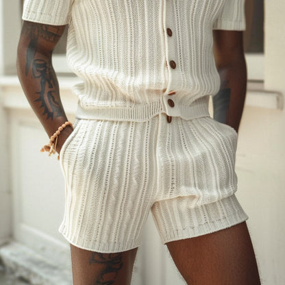 Casual Vertical Pattern Suit Slim Lapel Short Sleeve Button Shirt Shorts