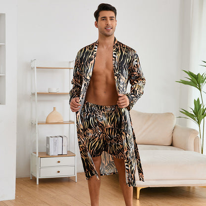 Men's Robes Fashion Ice Silk Bathrobe Homewear Set Pajamas