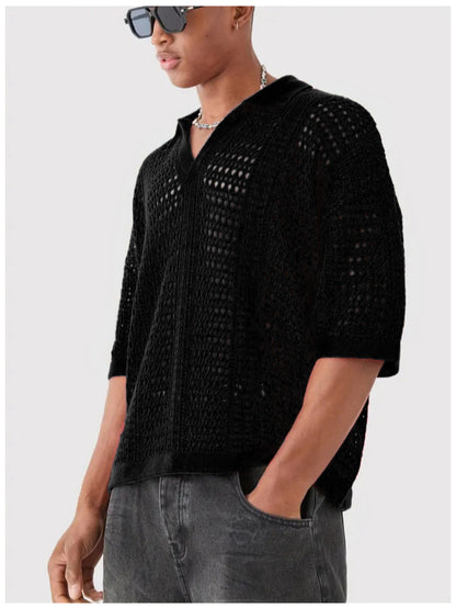Hollow Mesh Texture Knitted Short-sleeved Polo Shirt