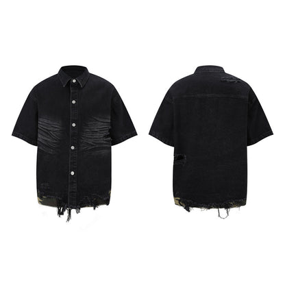 Cut Edge Stitching Leopard Print Denim Short Sleeve
