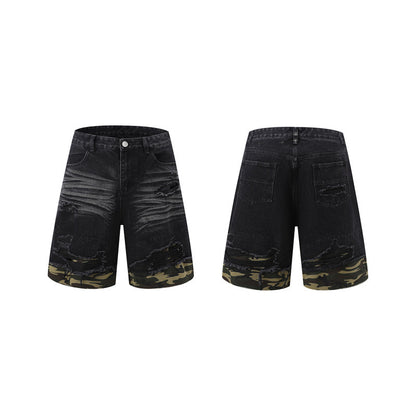 Cut Edge Stitching Leopard Print Denim Short Sleeve