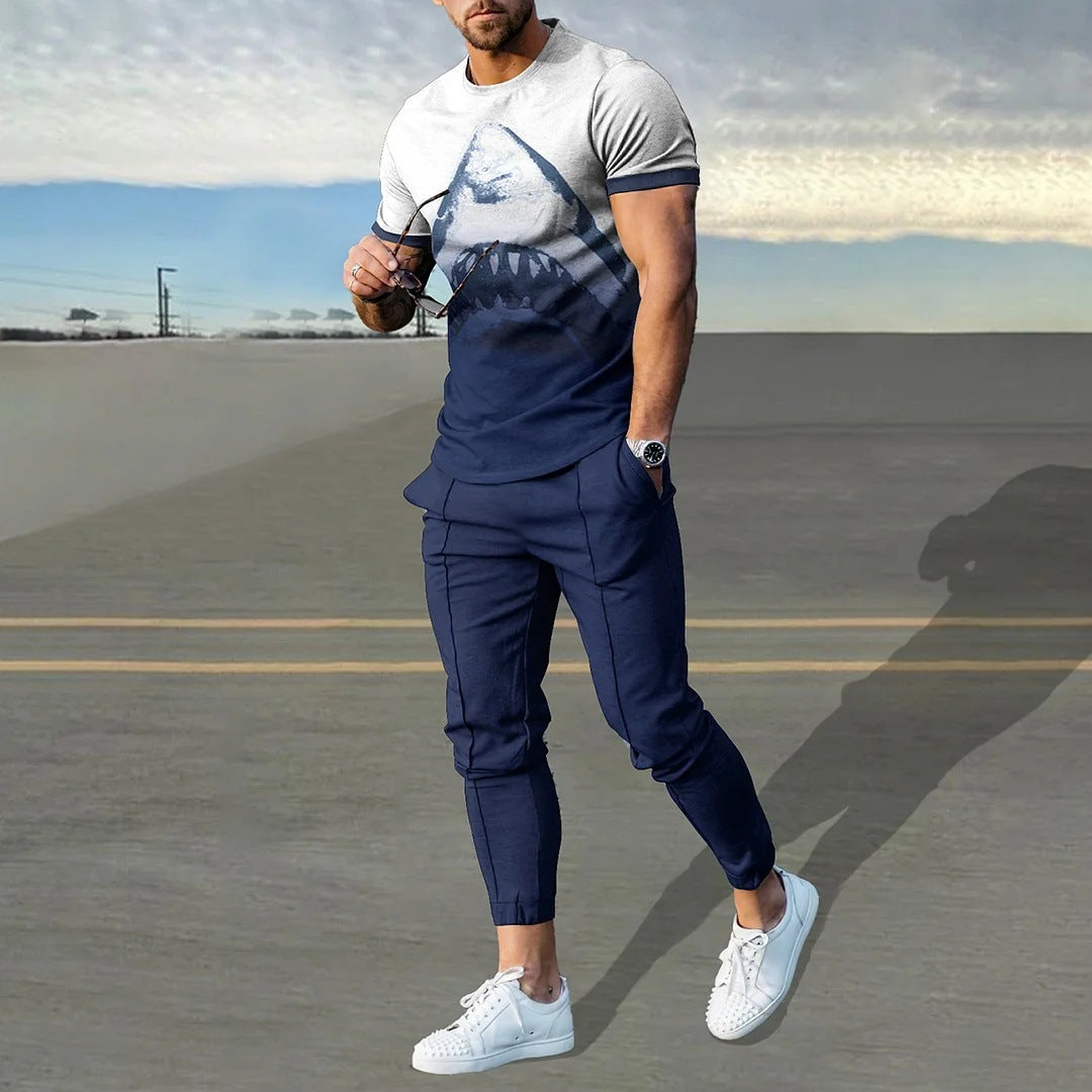 Short-sleeved Men's Cotton-like Fashionable Printed Thin Round Neck Pullover Men's Suit