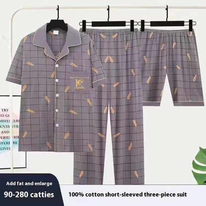 Three-piece Pajamas Men's Summer Pure Cotton Short Sleeve Trousers Suit