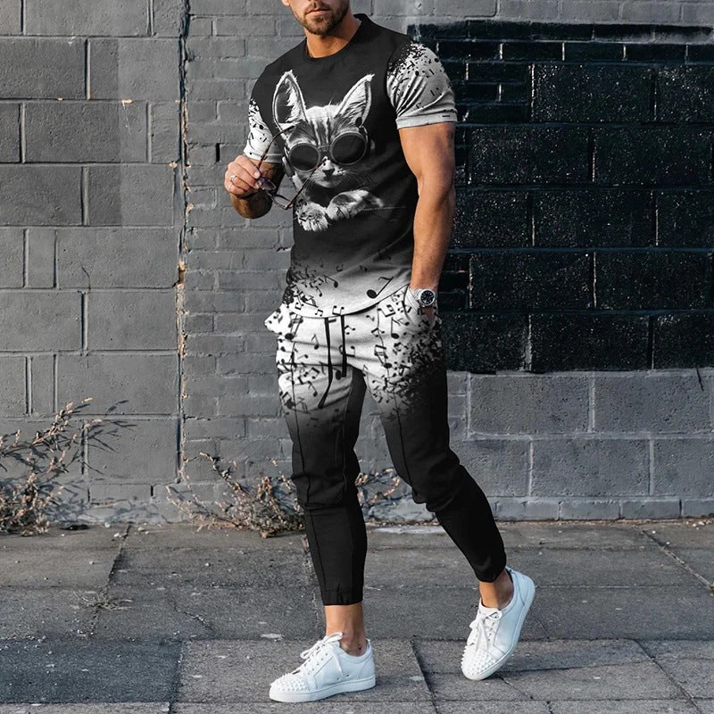 Short-sleeved Men's Cotton-like Fashionable Printed Thin Round Neck Pullover Men's Suit