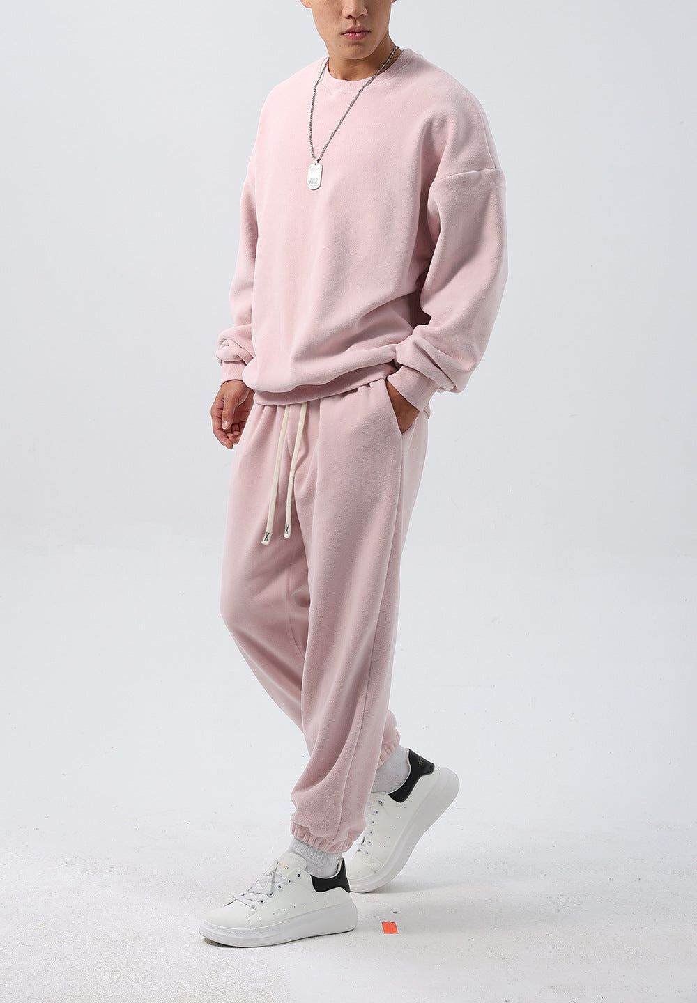 Sports Suit Men's Loose Long Sleeve Crew Neck Coat Padded Fleece Trousers Double-sided Shake