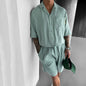 Casual Polo Collar Pocket Loose Short Sleeve Shirt Shorts Suit