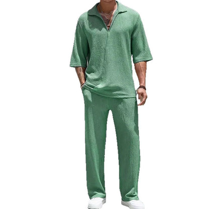 Commuter Men's Casual Shirt Solid Color Half Sleeve Trousers Two-piece Suit