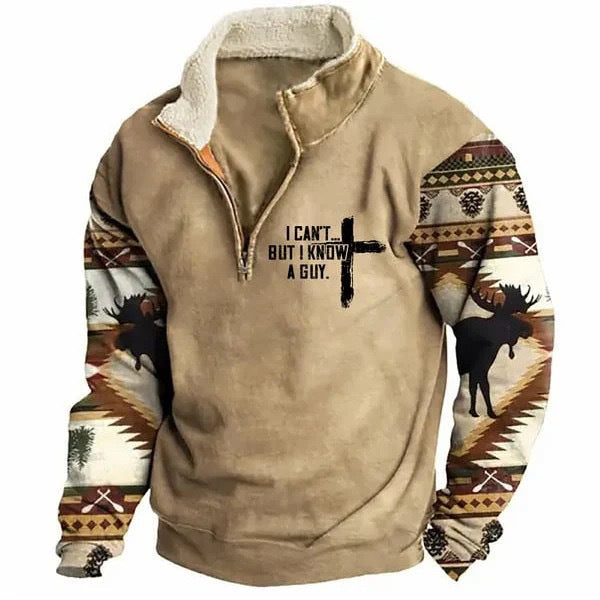 Spring And Autumn Men's Long Sleeves Half Zipper Printed Casual Fashion Jacket Coat