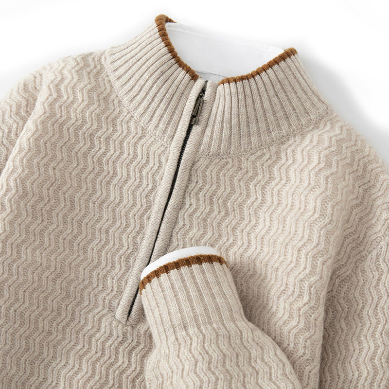 Men's Woolen Sweater Half-open Collar Long Sleeve Solid Color Stand Collar Sweater