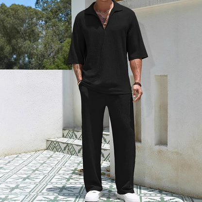 Commuter Men's Casual Shirt Solid Color Half Sleeve Trousers Two-piece Suit