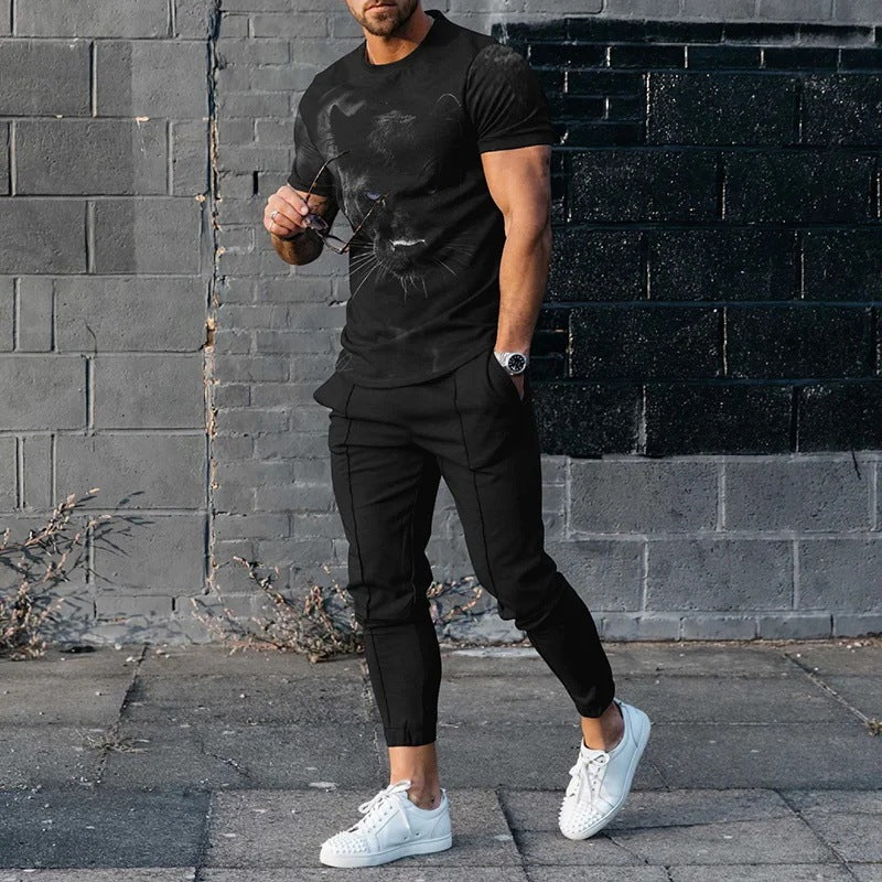 Short-sleeved Men's Cotton-like Fashionable Printed Thin Round Neck Pullover Men's Suit