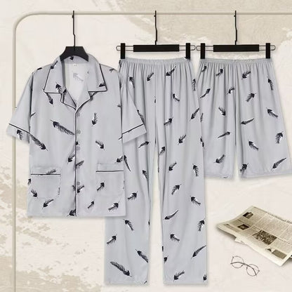 Three-piece Pajamas Men's Summer Pure Cotton Short Sleeve Trousers Suit