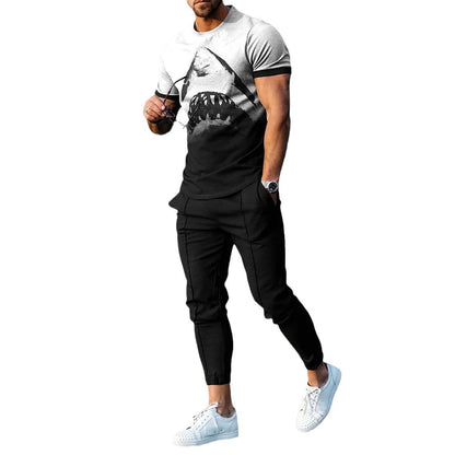 Short-sleeved Men's Cotton-like Fashionable Printed Thin Round Neck Pullover Men's Suit