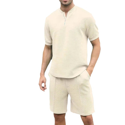 Waffle Stand Collar Solid Color Zipper Short Sleeve Trousers Suit Men