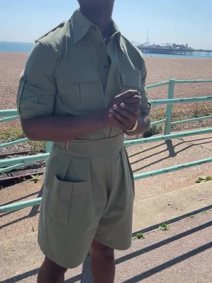 Army Green Long Sleeve Pocket Shirt & High Waist Shorts Set