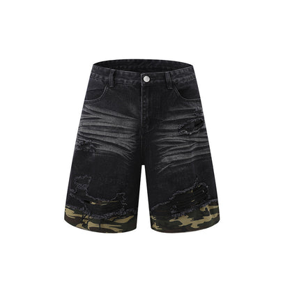 Cut Edge Stitching Leopard Print Denim Short Sleeve