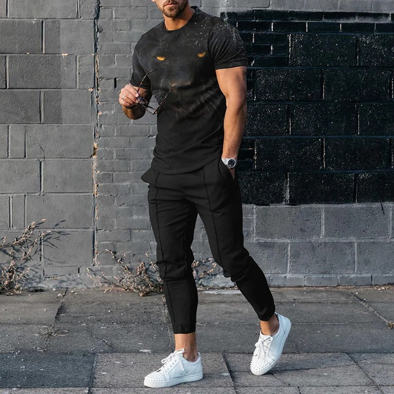 Short-sleeved Men's Cotton-like Fashionable Printed Thin Round Neck Pullover Men's Suit