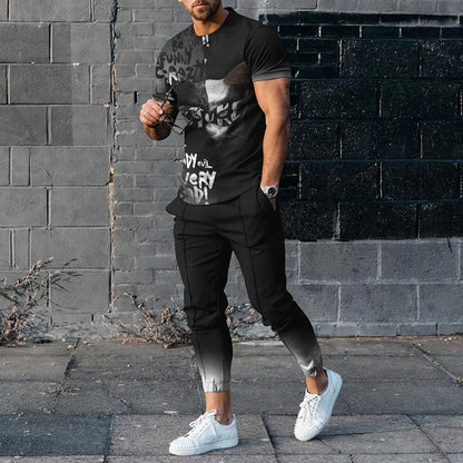 Short-sleeved Men's Cotton-like Fashionable Printed Thin Round Neck Pullover Men's Suit