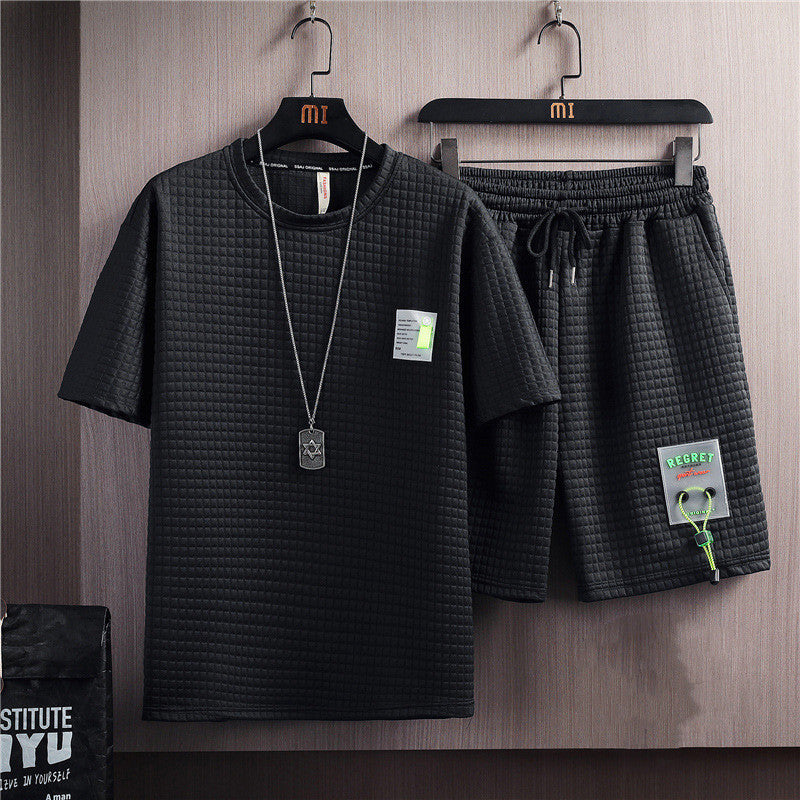 Men's Trendy Solid Color Casual T-shirt Lace-up Five-point Pants Suit
