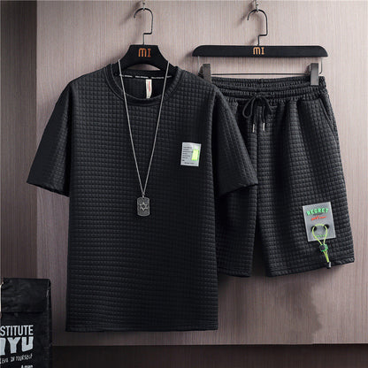 Men's Trendy Solid Color Casual T-shirt Lace-up Five-point Pants Suit