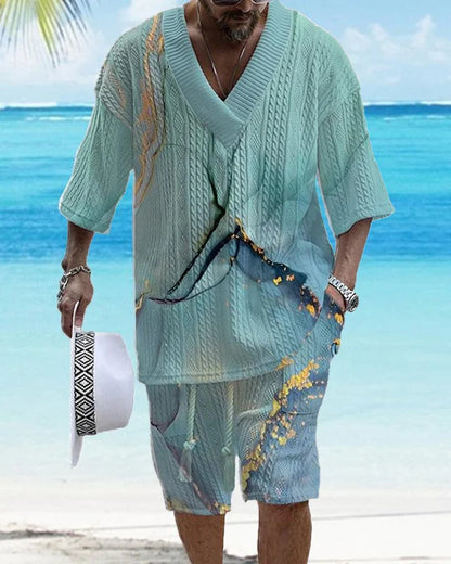Men's Casual Jacquard Loose-fitting Short-sleeved Shorts Two-piece Set