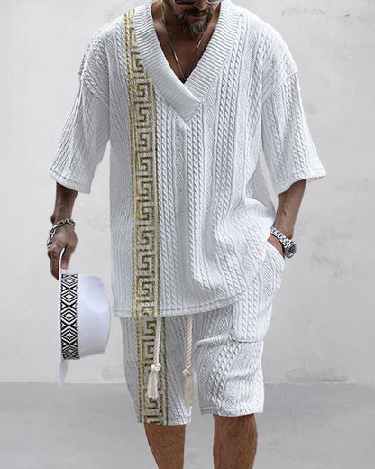 Men's Casual Jacquard Loose-fitting Short-sleeved Shorts Two-piece Set