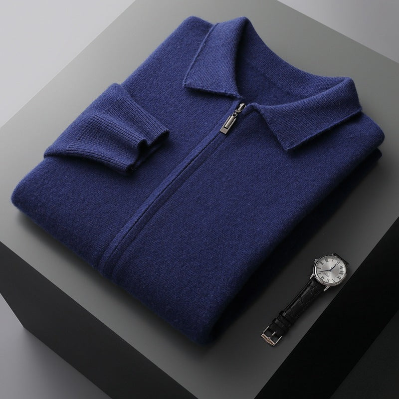 Pure Wool Cardigan Men's Knitted Turn-down Collar Coat