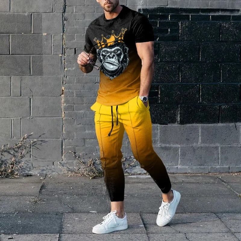 Short-sleeved Men's Cotton-like Fashionable Printed Thin Round Neck Pullover Men's Suit