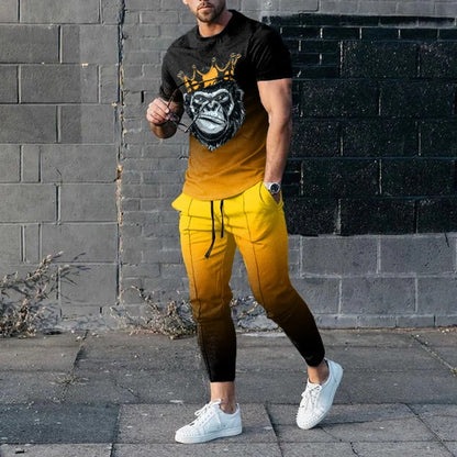 Short-sleeved Men's Cotton-like Fashionable Printed Thin Round Neck Pullover Men's Suit