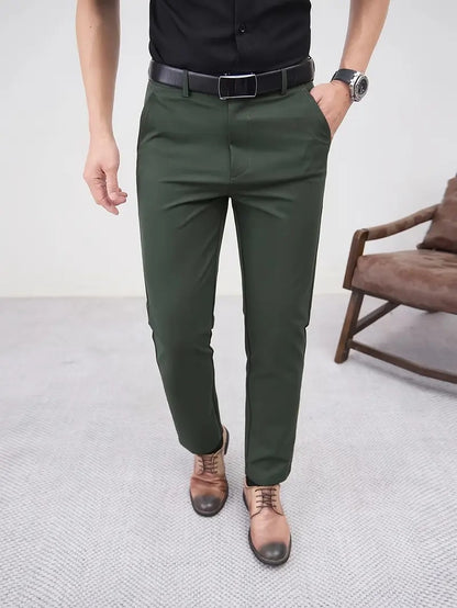 Men's Slim Fit Business Pure Color Casual Tappered Straight-leg Trousers
