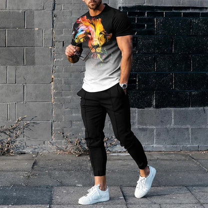 Short-sleeved Men's Cotton-like Fashionable Printed Thin Round Neck Pullover Men's Suit