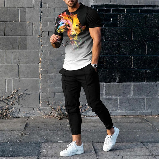 Short-sleeved Men's Cotton-like Fashionable Printed Thin Round Neck Pullover Men's Suit